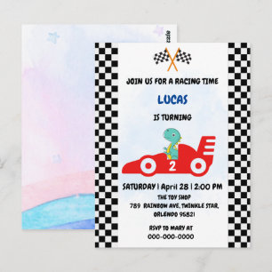 Postal Niño coche de carreras de dinosaurio de cumpleaños