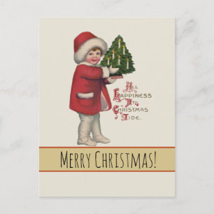 Postal Niño con árbol de Navidad Arte de ilustración vint
