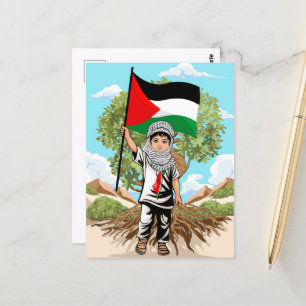 Postal Niño con bandera palestina de Keffiyeh y olivo