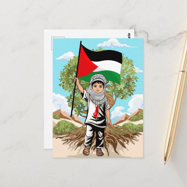 Postal Niño con bandera palestina de Keffiyeh y olivo (Anverso/Reverso In Situ)