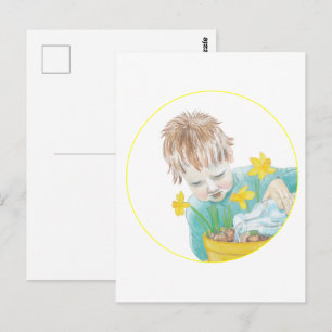 Postal Niño Con Daffodils