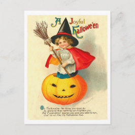 Postal Niño con disfraz de bruja en calabaza tallada, vin