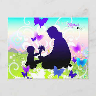 Postal niño con flores y madre