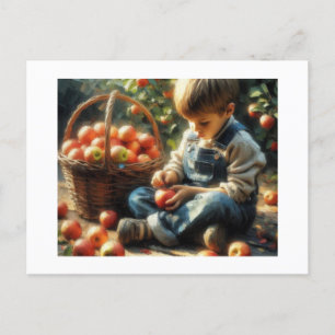 Postal Niño con manzanas,