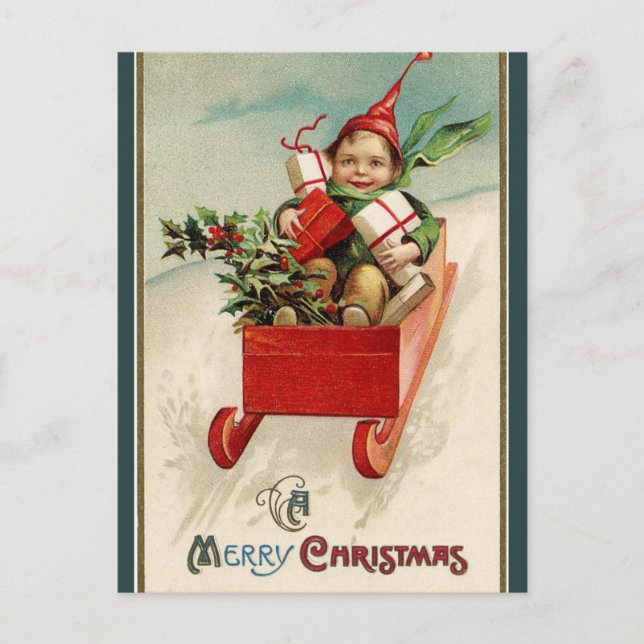 Postal Niño con regalos en Sleigh Feliz Navidad (Anverso)