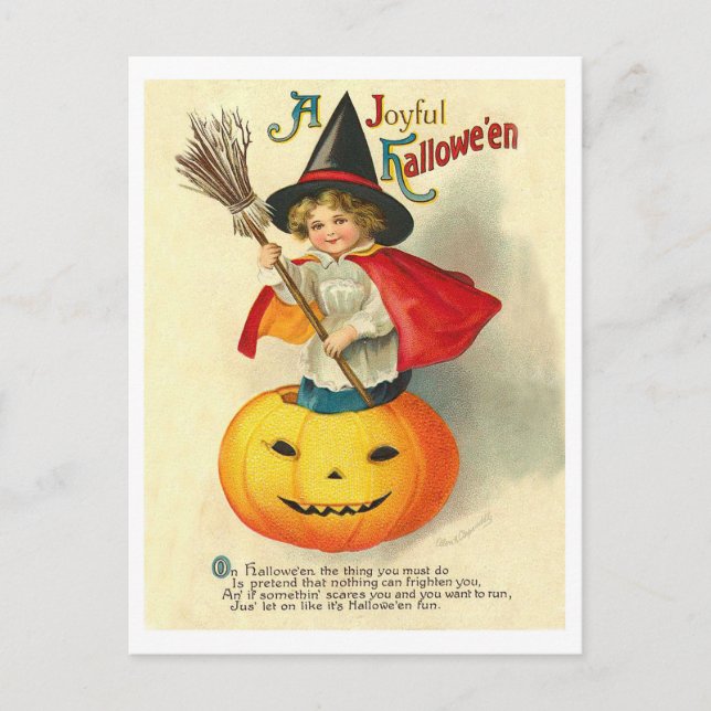 Postal Niño con traje de bruja en calabaza tallada, vinta (Anverso)