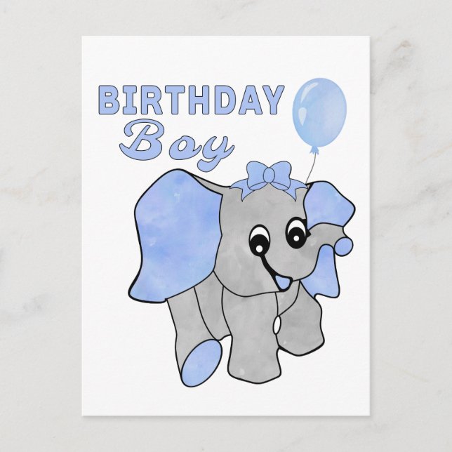 Postal Niño Cumpleaños Elefante Azul Bebé  (Anverso)