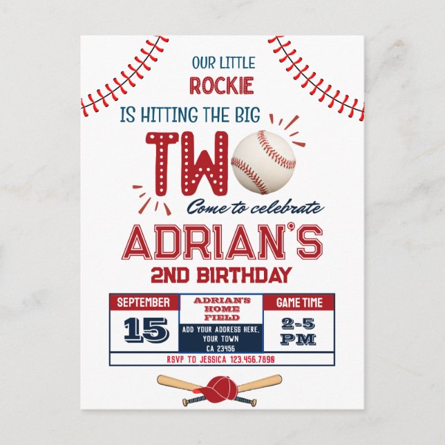 Postal Niño de 2 años cumpleaños béisbol (Anverso)