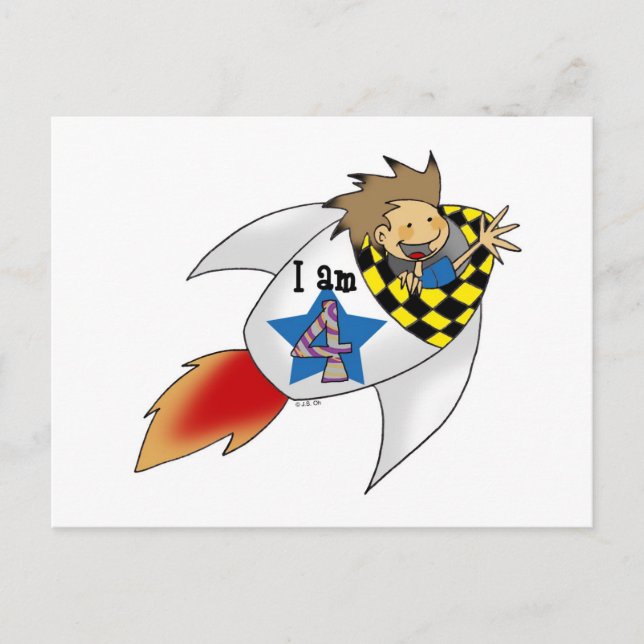 Postal Niño de cumpleaños en un cohete (Anverso)