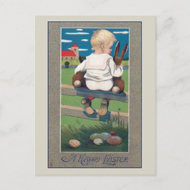 Postal Niño de época con conejitos de Pascua (Anverso)