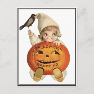 Postal Niño de época con Raven y Calabaza Halloween