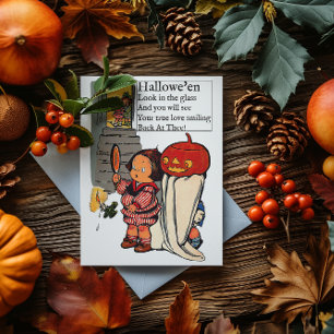 Postal Niño de Halloween antiguo y fantasma de calabaza