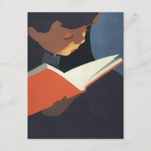 Postal Niño de la época leyendo un libro de la biblioteca