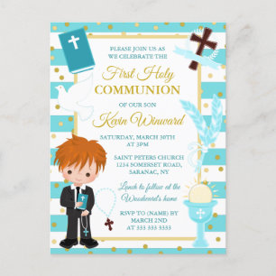 Postal Niño de pelo rojo con raya azul Primera Comunión