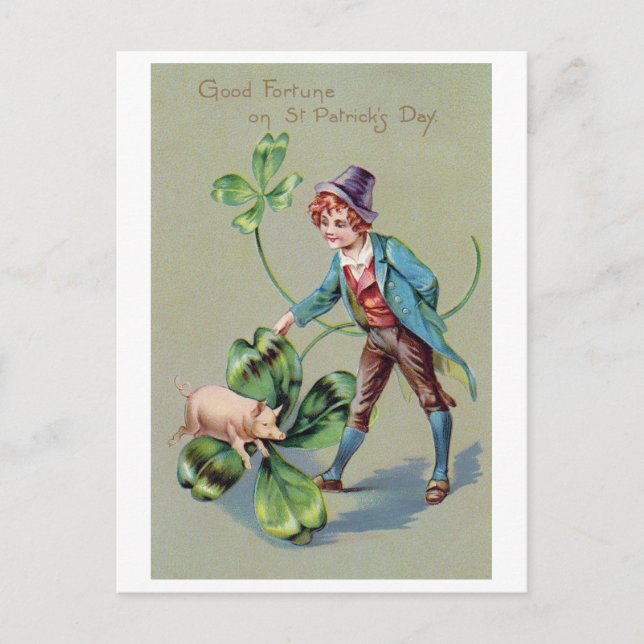 Postal Niño del Día de San Patricio y cerdo afortunado, c (Anverso)