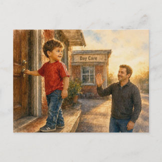 Postal Niño entrando en guardería con su padre,