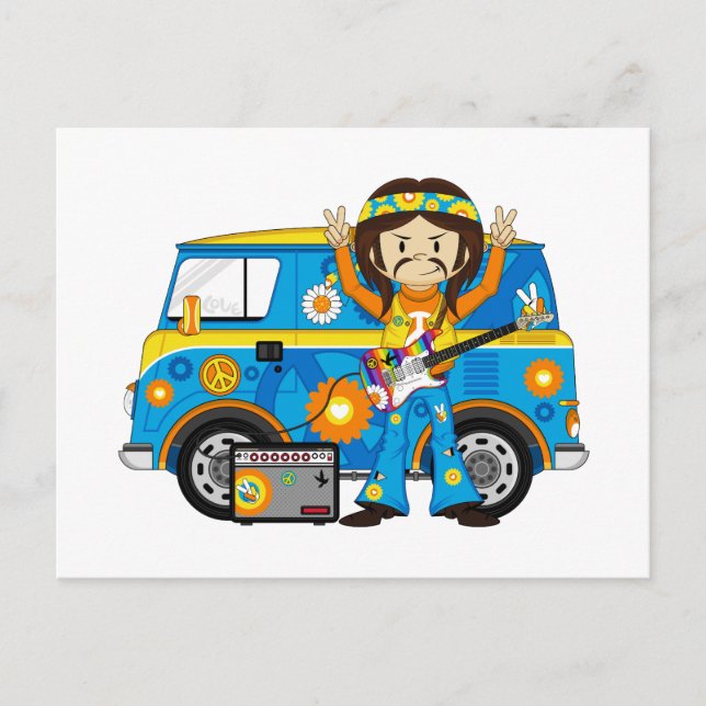 Postal Niño hippie con guitarra y camioneta (Anverso)