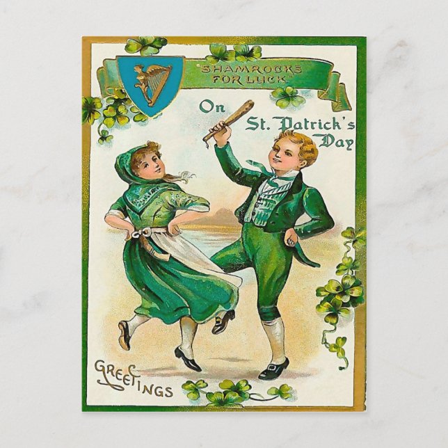 Postal Niño irlandés y chica bailando en el Día de San Pa (Anverso)