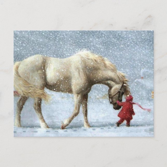 Postal Niño Liderando Un Caballo En La Nieve (Anverso)