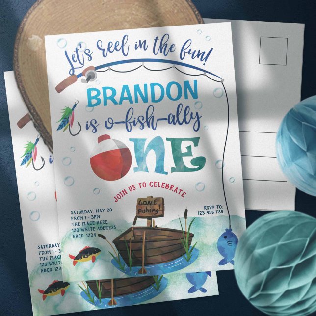 Postal Niño, O-peces-ialmente, Cumpleaños de pesca tema P (Gone fishing themed, o fish ally, boy 1st birthday invites. Little Fisherman birthday invitations.)