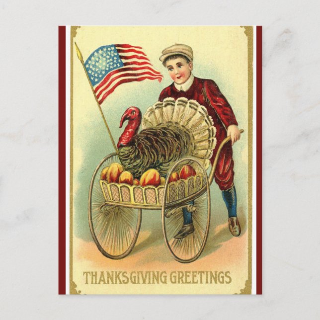 Postal Niño patriótico vintage rueda Turquía y bandera (Anverso)