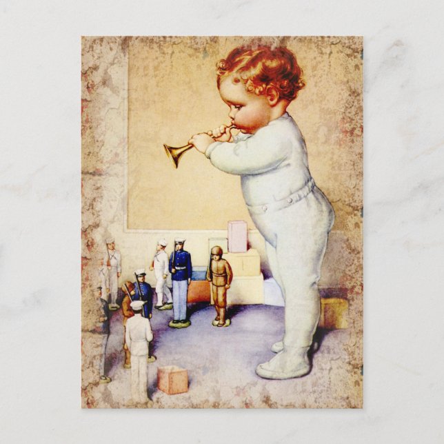 Postal Niño pelirrojo que relega el cuerno a los soldados (Anverso)