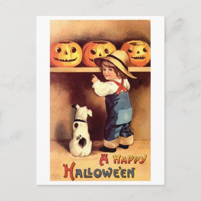 Postal Niño pequeño con perro y calabazas (Anverso)
