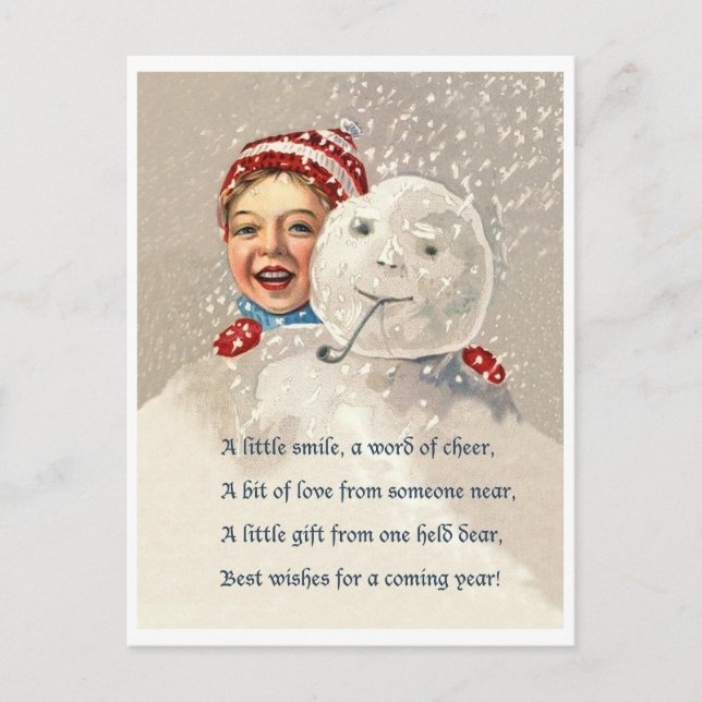 Postal Niño pequeño escondido detrás de hombre de nieve,  (Anverso)