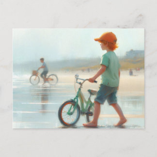 Postal Niño pequeño y su bicicleta en la playa