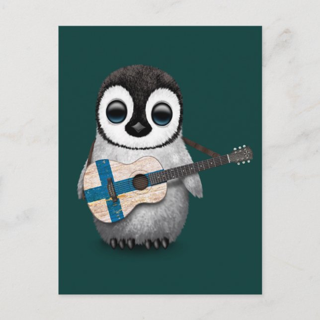 Postal Niño Pingüino Jugando La Guitarra De Bandera Finla (Anverso)