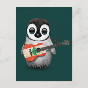 Postal Niño Pingüino Jugando La Guitarra De Bandera Liban