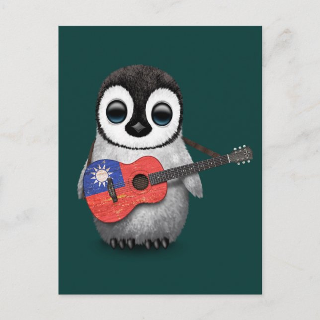 Postal Niño Pingüino Jugando La Guitarra De Bandera Taiwa (Anverso)
