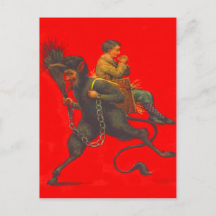 Postal Niño Rojo secuestrado por Krampus rezando