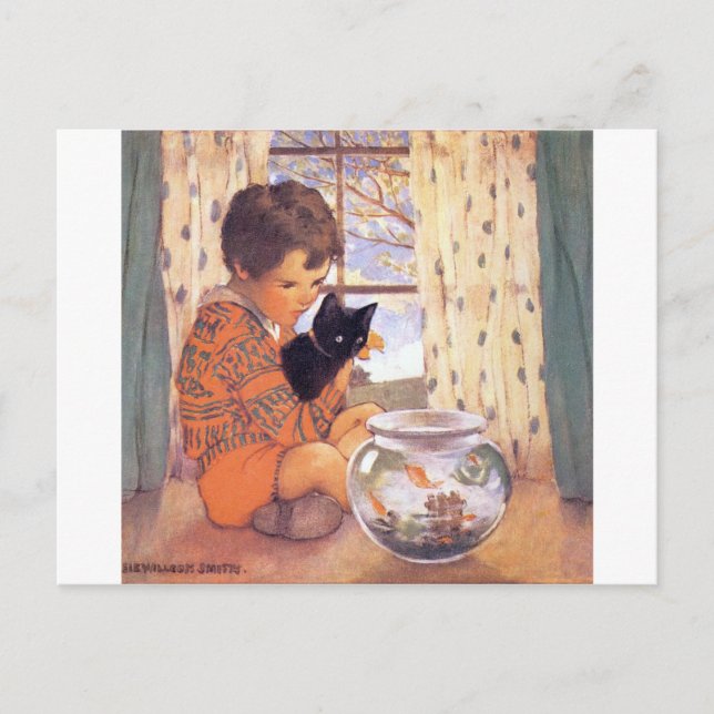 Postal Niño sosteniendo un gato negro, Jessie Willcox Smi (Anverso)
