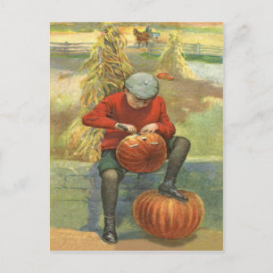 Postal Niño tallando una calabaza de Jack O Lantern