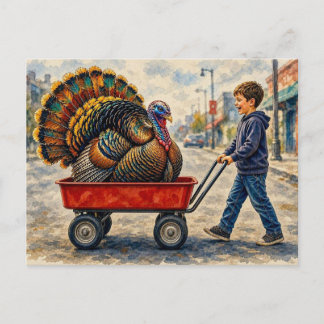 Postal Niño tira de pavo en carro rojo,