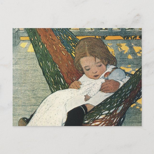 Postal Niño ventilado con muñeca por Jessie Willcox Smith (Anverso)