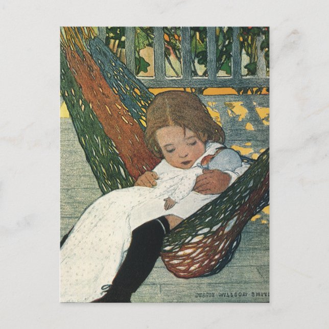 Postal Niño ventilado con muñeca por Jessie Willcox Smith (Anverso)