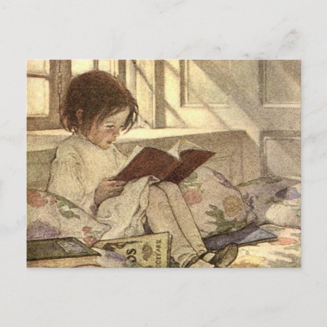 Postal Niño ventilado leyendo un libro, Jessie Willcox Sm (Anverso)