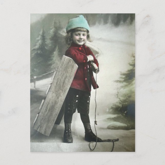 Postal Niño Victoriano Vintage Con Un Sled (Anverso)