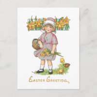 Niño Vintage con Daffodils y saludo de Pascua