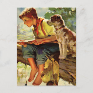 Postal Niño vintage, niño pescando con su perro Mascota M