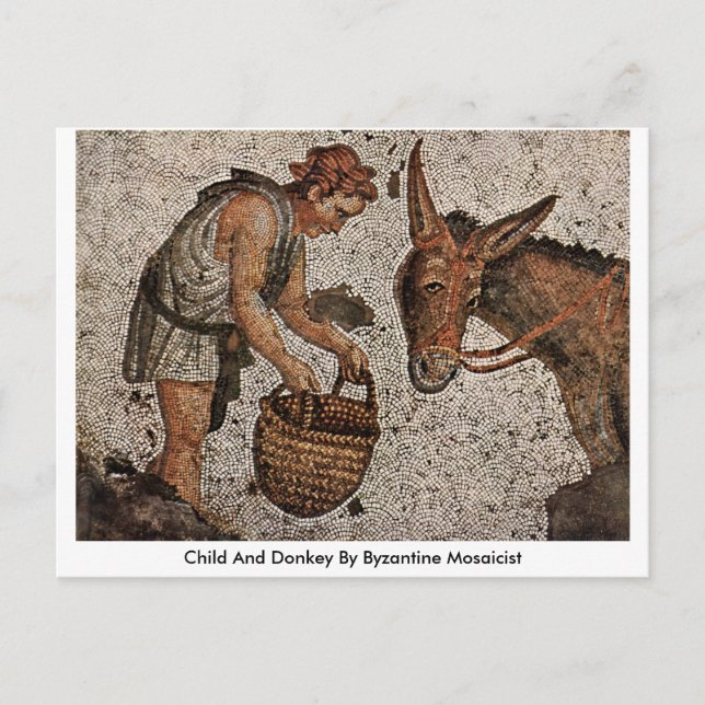 Postal Niño Y Burro Por Mosaicista Bizantino (Anverso)