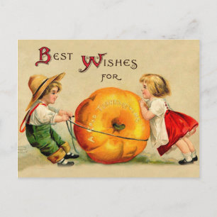 Postal Niño y Chica con calabaza grande de Acción de Grac