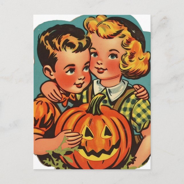 Postal Niño y Chica retro de Halloween con Jack-o-Lantern (Anverso)