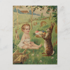 Postal Niño y conejo de Pascua Vintage