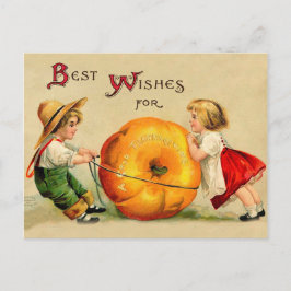 Postal Niño y niña con gran calabaza de Acción de Gracias