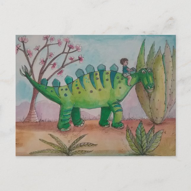 Postal Niño y su mascota dinosaurio (Anverso)