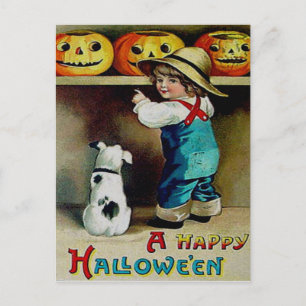Postal Niño y su Perro Mirando Jack O' Lanterns