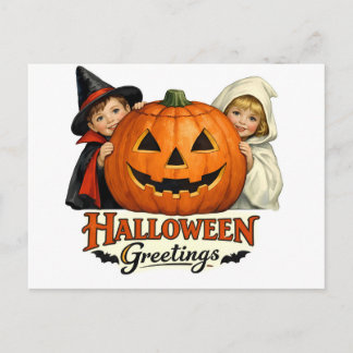 Postal Niños antiguos con calabazas gigantes Halloween